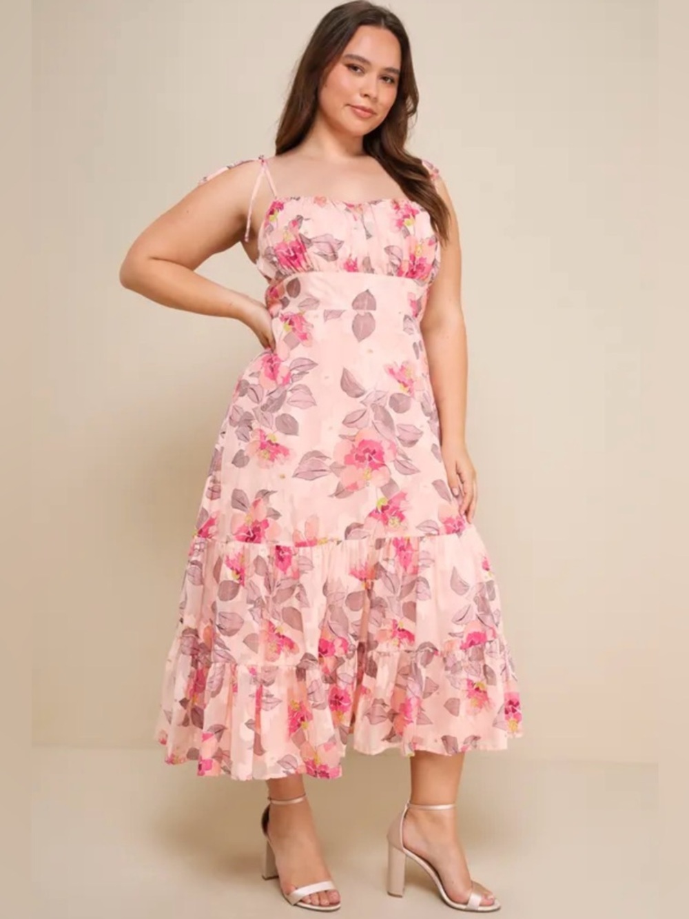 Lulu’s Tea Party Chic Pink Floral Print Tie-Strap Tiered Midi Dress